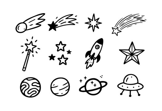 Set of doodle elements, stars, meteorites, moon, hand drawn. Vector eps 10.
