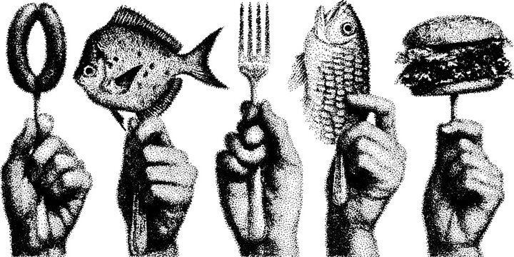 Food illustration featuring a set of hands holding various items: fish, burger, and fork. Vintage style with stippled outline and engraving vector details.