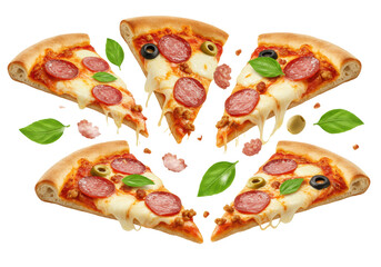 Freshly baked italian pizza slices with pepperoni, sausage, olives, gooey mozzarella, and basil, suspended in mid-air against a transparent background, concept for food advertising