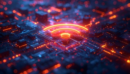 Glowing network signal symbol over a circuit board with blue and orange lighting, depth of field