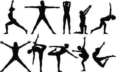 Yoga poses, dance silhouettes, physical movement, flexibility, balance, strength, editable vector, black icons, isolated design, wellness activity, body expression