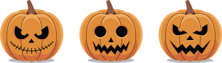 Fototapeta premium Halloween pumpkin silhouettes, jack-o'-lantern faces, spooky expressions, editable vector, black icons, festive design, scary mood, autumn decoration, holiday theme