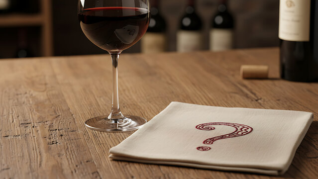 A glass of red wine on a rustic table with a napkin featuring a question mark symbolizing wine tasting mystery 69526840 1