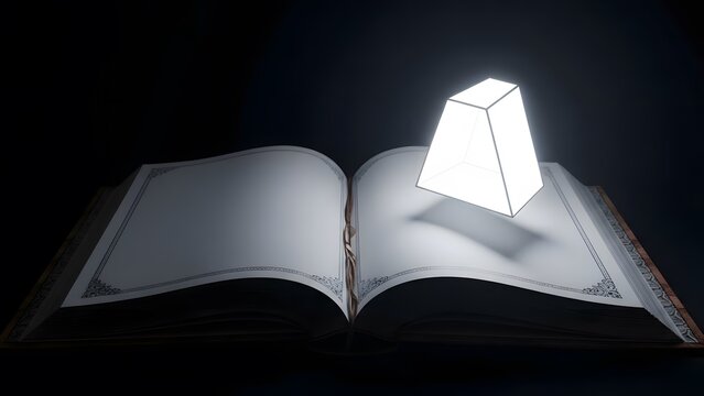 An ancient open blank book with empty pages illuminated by a glowing geometric light in a dark, mysterious setting.