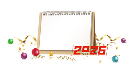 Blank spiral notebook page surrounded by festive decorations and confetti isolated on transparent background