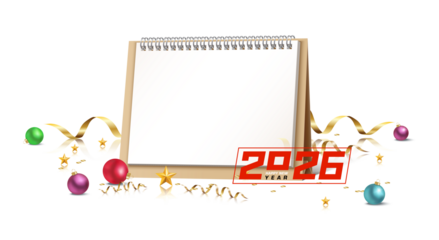 Blank spiral notebook page surrounded by festive decorations and confetti isolated on transparent background