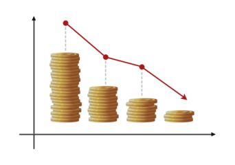 Financial chart showing a downward trend with stacks of gold coins decreasing in height isolated on transparent background