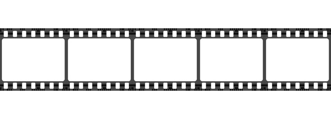 Cinematic film strip with five empty gray rectangular frames isolated on transparent background