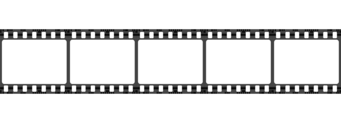 Cinematic film strip with five empty gray rectangular frames isolated on transparent background