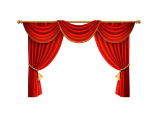 Elegant red velvet theater curtains with golden trim and tassels draped and gathered isolated on transparent background