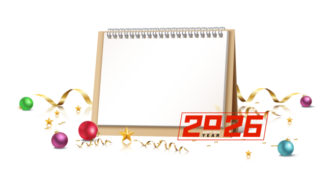 Blank spiral notebook page surrounded by festive decorations and confetti isolated on transparent background