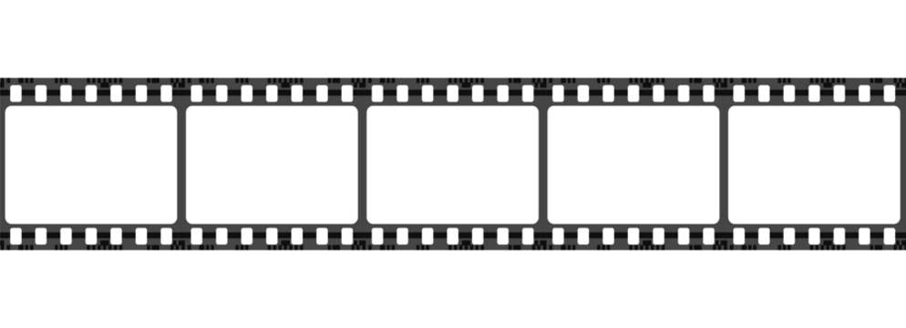 Cinematic film strip with five empty gray rectangular frames isolated on transparent background