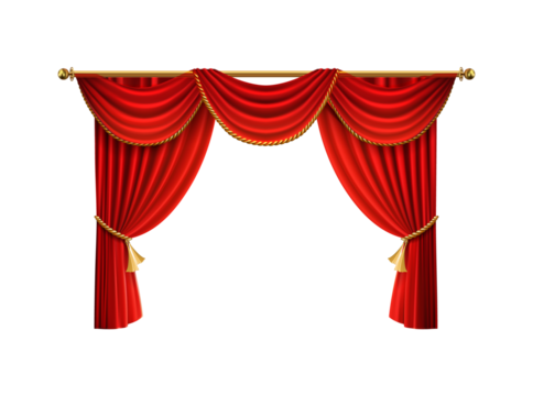 Elegant red velvet theater curtains with golden trim and tassels draped and gathered isolated on transparent background - Powered by Adobe
