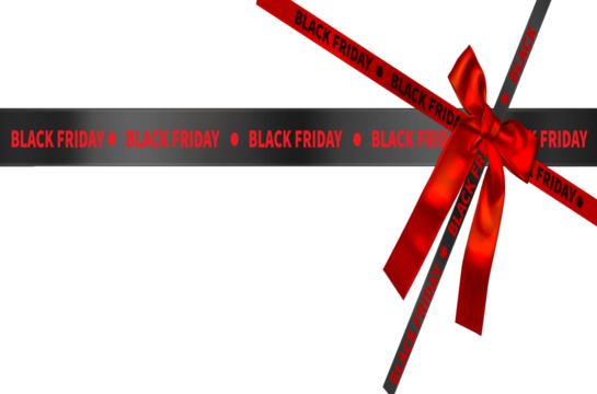 Vibrant red ribbon tied in a bow with a metallic gray band across a stark black background isolated on transparent background