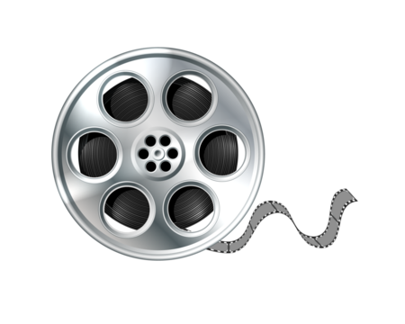 Classic silver metal film reel with black celluloid tape unwinding to the side isolated on transparent background