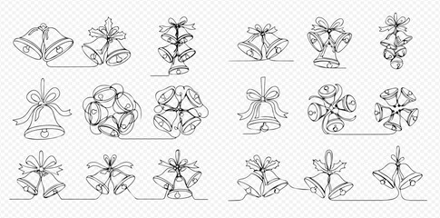 Continuous line art drawing of various Christmas bells with bows, festive holiday decoration elements.