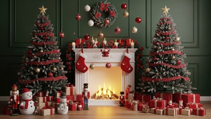 Festive christmas scene with decorated trees, fireplace, stockings, gifts, nutcrackers, and snowman, embodying holiday spirit.
