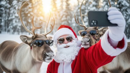 Santa claus and reindeer wearing sunglasses take a selfie in a snowy forest during winter with sun flare