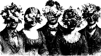 Engraving art featuring floral designs in a vintage portrait style. Black outline vector illustration showcasing classic themes in a decorative set.