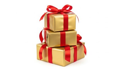Obraz premium Stack of three golden gift boxes with red ribbons and bows, isolated on a white background for celebration and gifting.