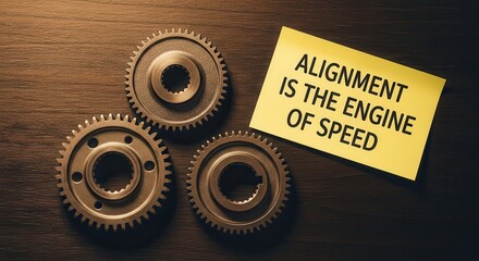 Gears arranged with a sticky note on a wooden surface signifying business alignment