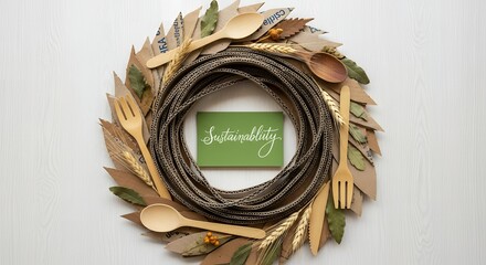 Creative wreath of natural materials and wooden utensils with "Sustainability" message