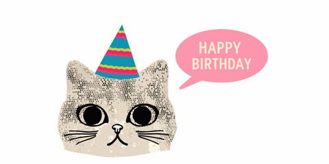 Cute cat wearing party hat saying happy birthday illustration