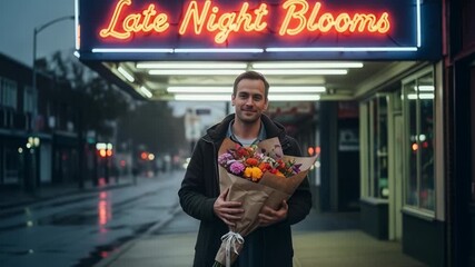 Romantic man holding vibrant bouquet under neon sign, ready for a special date night, creating a heartwarming moment with fresh colorful flowers and a loving gesture on a city street