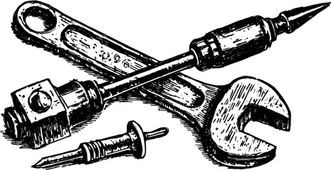 Tool illustration of a wrench, screwdriver, and hammer in black and white sketch style. Vintage toolset vector illustration for repair or construction.