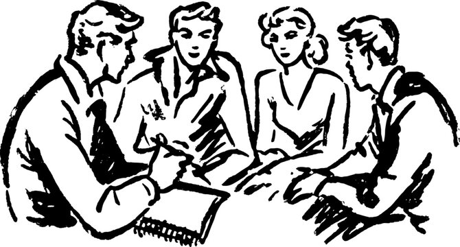 Group meeting illustration showing a discussion among four people. This simple black and white vector illustration emphasizes collaboration and teamwork.