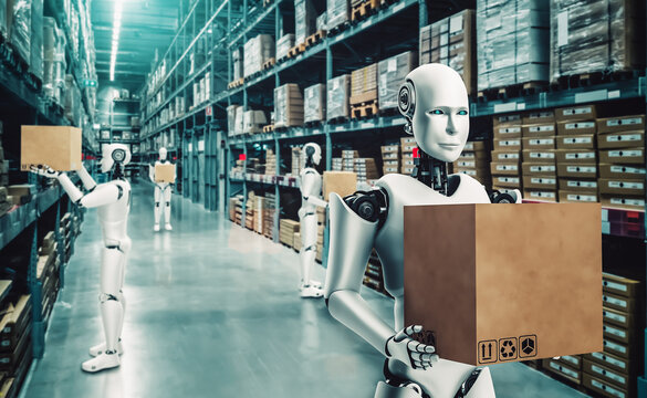 Innovative industry robot working in warehouse for human labor replacement . Concept of artificial intelligence for industrial revolution and automation manufacturing process . - Powered by Adobe