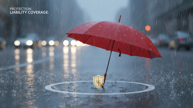 A red umbrella in rain symbolizes protection akin to liability coverage in insurance 11948202 1