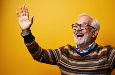 Fototapeta premium Elderly man laughs, smiles with open mouth. Senior male white beard, glasses, waves hand. Happy old guy celebrates success, shows positive emotion, joy on yellow background. Joyful person expresses