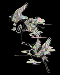 Crane Flying in Clouds Mother-of-Pearl Korean Minhwa Illustration : 구름 속에서 나는 학의 자개 한국 민화 일러스트