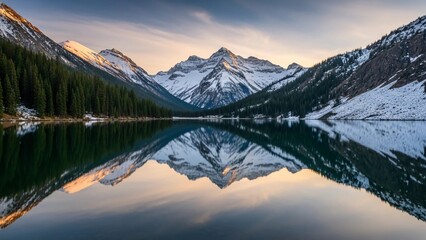 A serene mountain landscape with a perfect mirror reflection of snow-capped peaks in a tranquil alpine lake at sunrise