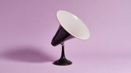 declaration. Classic announcement device on simple pastel backdrop, product launch decks, UI/UX mockups, data dashboards, designed for product launches and innovation pitches, used by researchers.