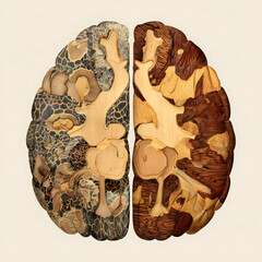 Artistic double-sided brain illustration carved from layered wood textures with organic patterns, contrasting natural tones and intricate botanical details in a modern abstract design
