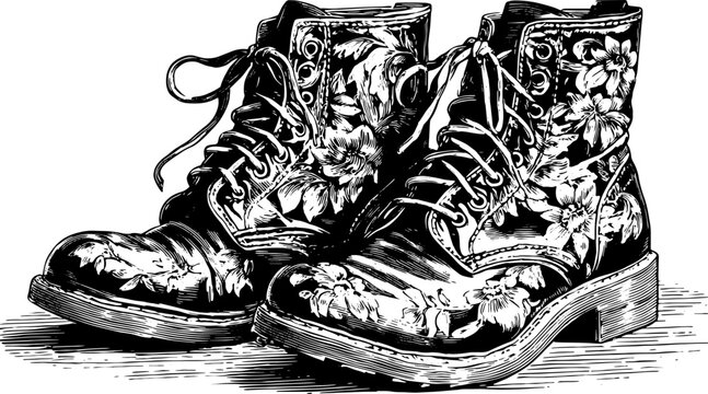 Vintage boots with floral design in hand-drawn engraving style. Detailed vector illustration set emphasizing retro fashion.