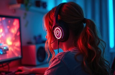 Young woman wears glowing headset, plays video game on powerful pc in dark room at night. Streamer competes online with friends, enjoys digital entertainment and virtual reality.