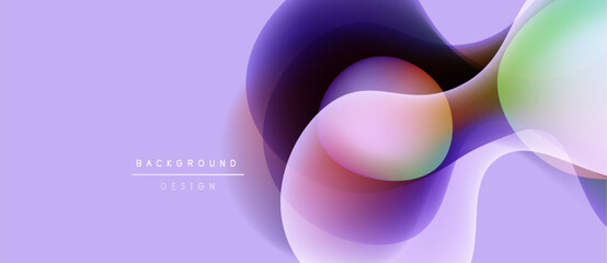 Abstract fluid shapes overlap, creating vibrant color gradients. Soft lavender background complements dynamic design elements. Minimal text present.