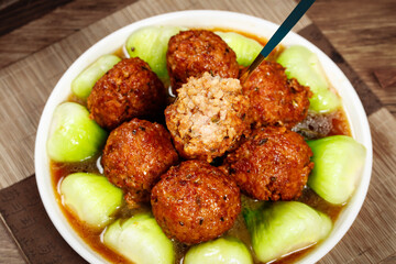 Braised Pork Meatballs with Green Vegetables, Chinese Cuisine