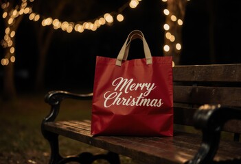 Festive christmas bag on park bench with holiday lights at night