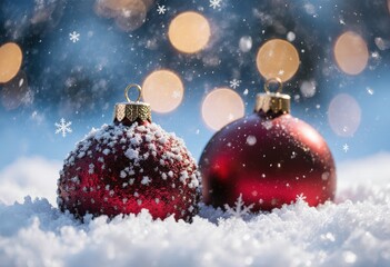 Fototapeta premium Sparkling red christmas ornaments in snow with golden bokeh lights