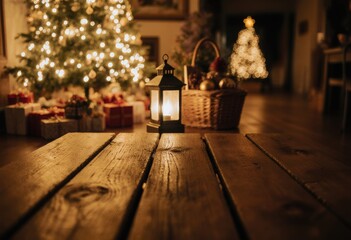 Cozy christmas setting with lantern and decorated tree in warm glow
