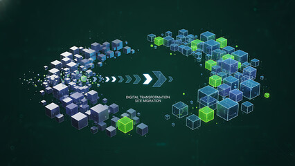 Abstract cubes on dark green background symbolize digital transformation and site migration 16789785 1