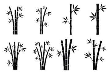  various bamboo plant silhouettes isolated on white background