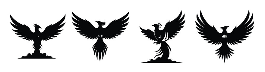various phoenix silhouettes isolated on white background
