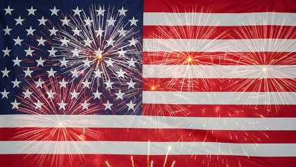 American flag overlayed with fireworks display for independence day celebration