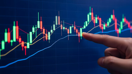 Analyzing stock market trends with candlestick charts and finger pointing