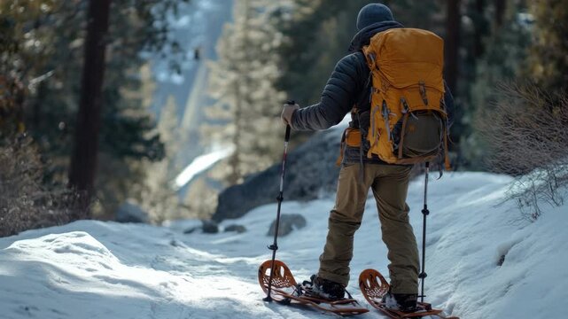 A person hiking with snowshoes on a mountain trail, wearing warm clothing and carrying a backpack.